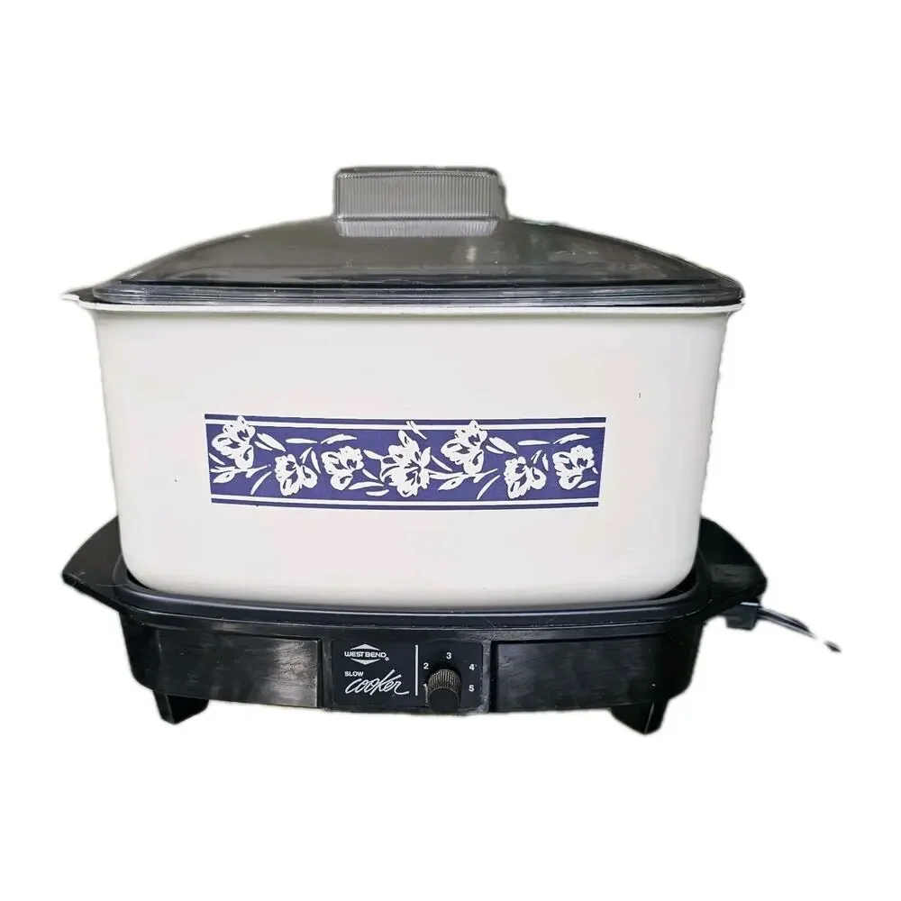 Vintage West Bend Multi Purpose 6 Qt Slow Cooker Crockpot MCM Blue Leaves TESTED